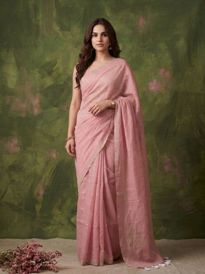 Tara - Pink Striped Mul Cotton Zari Saree