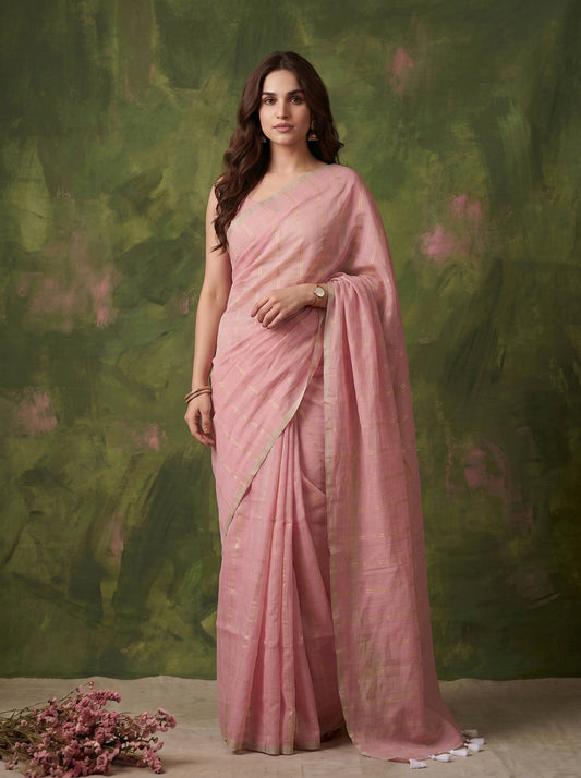 Tara - Pink Striped Mul Cotton Zari Saree