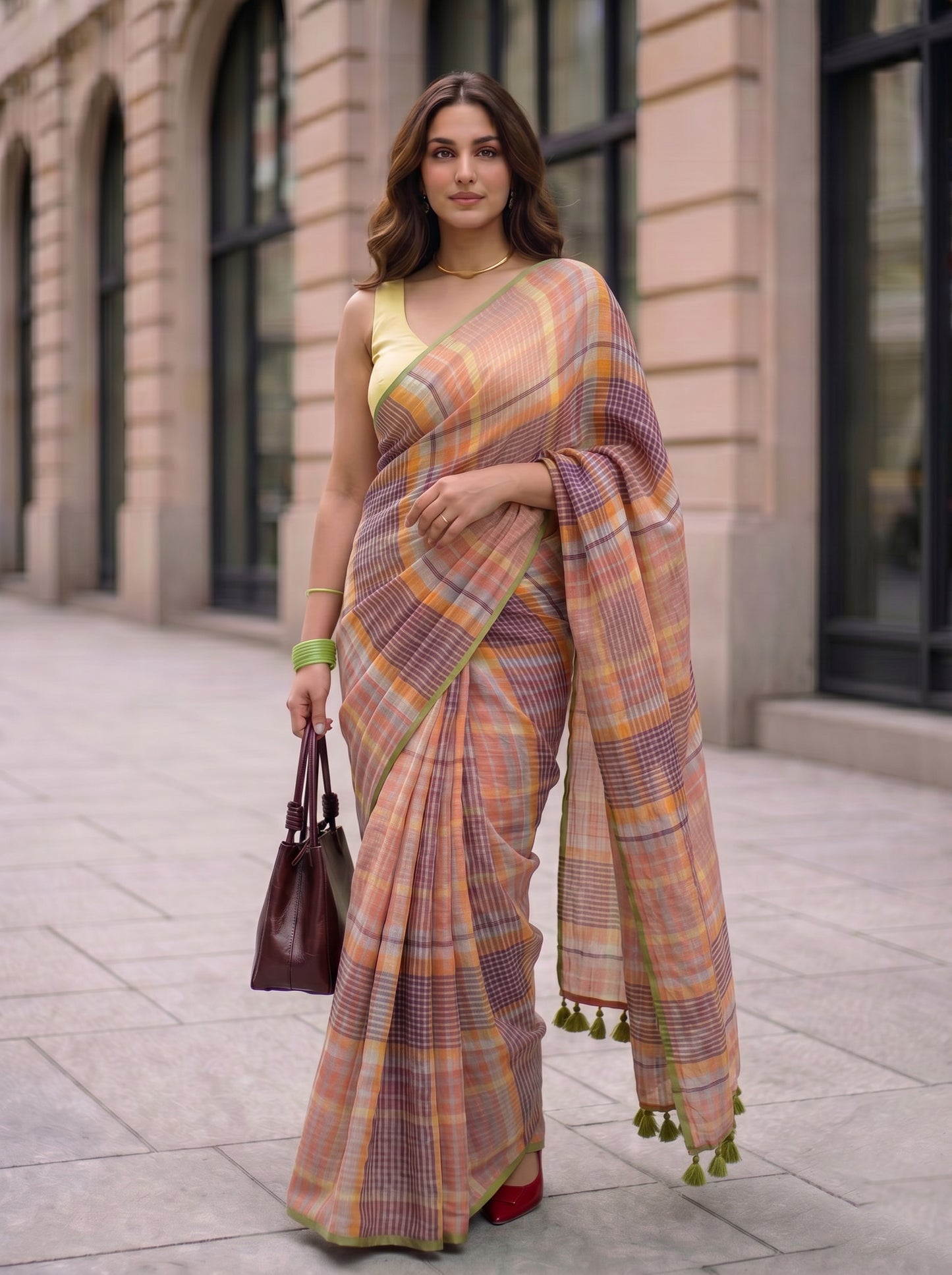 Boardroom - Multicolour Checked Pure Handloom Linen Saree