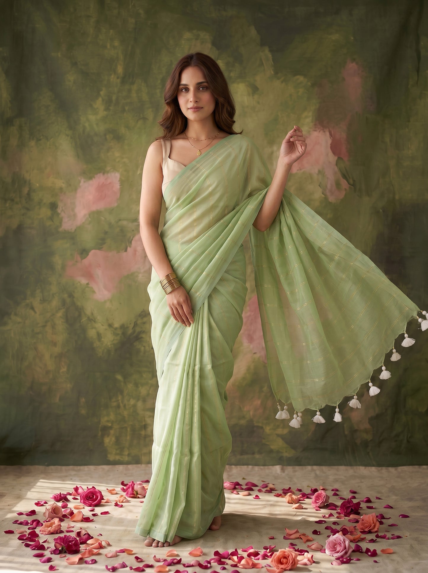 Raab - Green Striped Mul Cotton Zari Saree