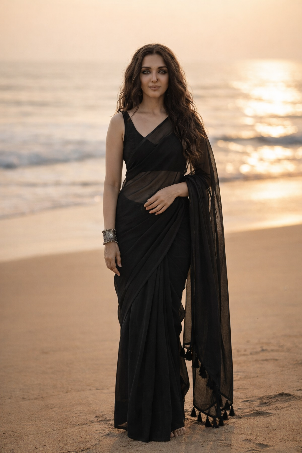 After Dark - Plain Black Mul Cotton Saree