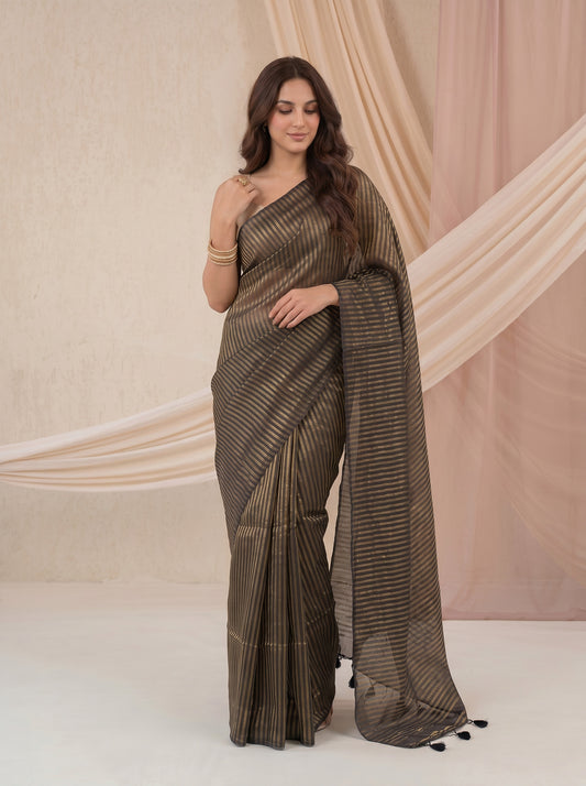 Saanjh - Black Striped Mul Cotton Zari Saree