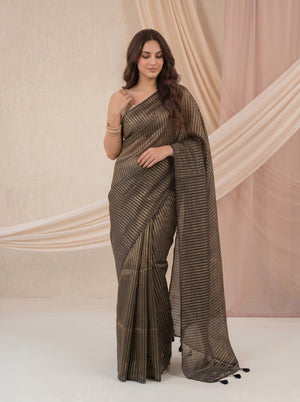 Saanjh - Black Striped Mul Cotton Zari Saree