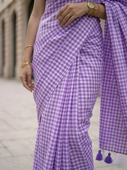 Wisteria Lane - Purple Gingham Mulmul Cotton Saree
