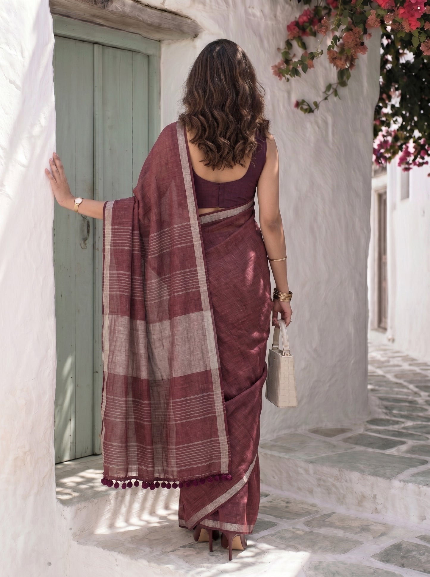 After Hours - Wine Red Pure Handloom Linen Saree with Zari border