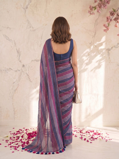 Gulnaar - Purple Striped Mul Cotton Zari Saree