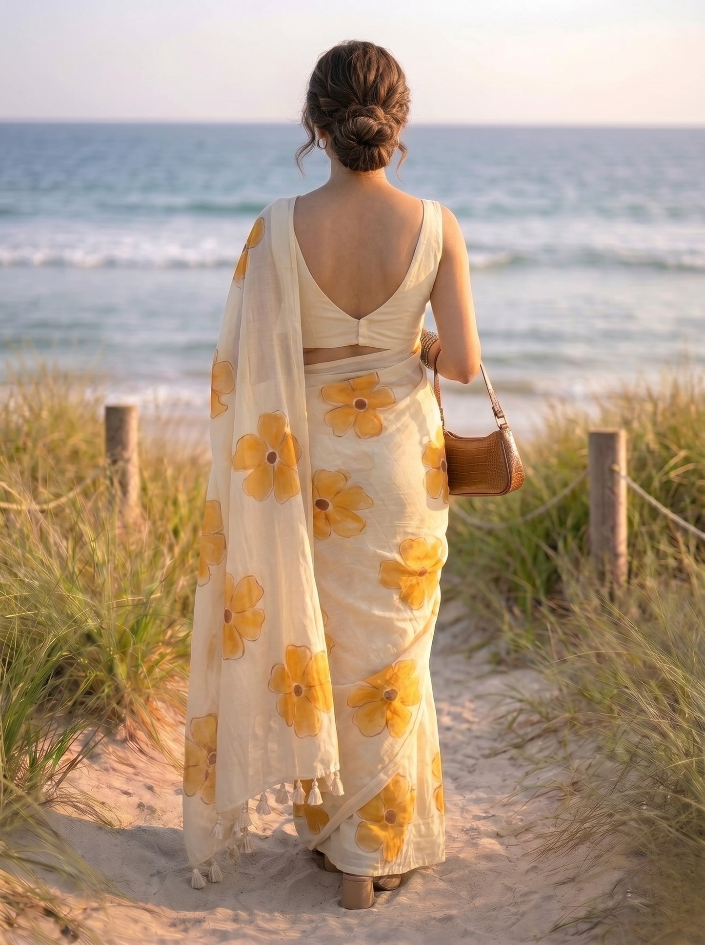 Apricot Bloom - Beige Handpainted Mul Cotton Saree