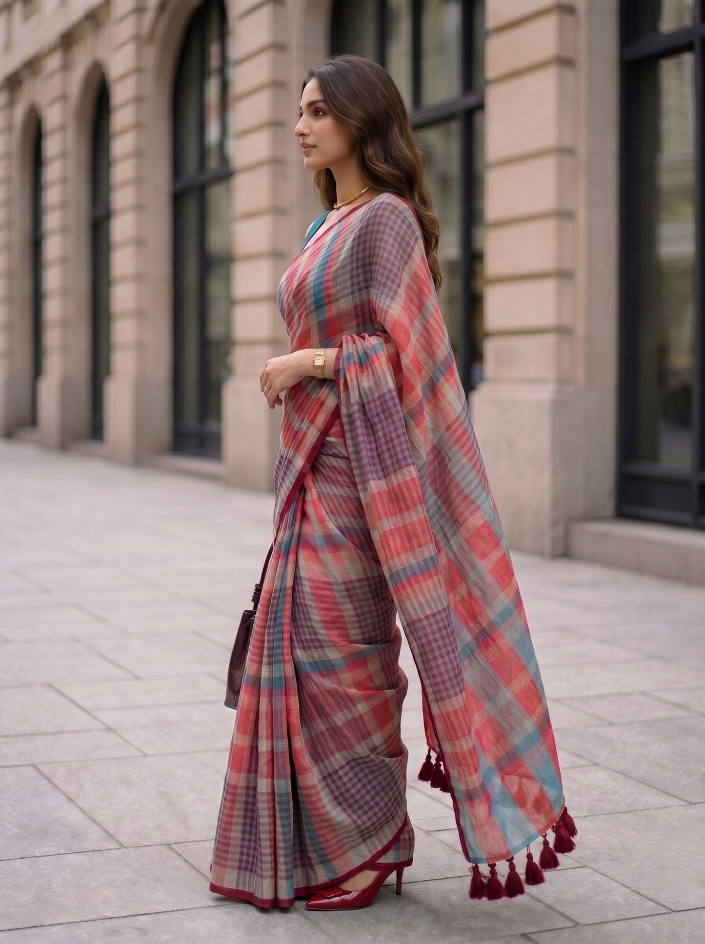 Corner Office - Multicolour Checked Pure Handloom Linen Saree