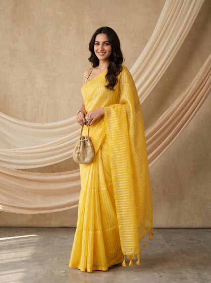 Samriddhi - Yellow Striped Mul Cotton Zari Saree