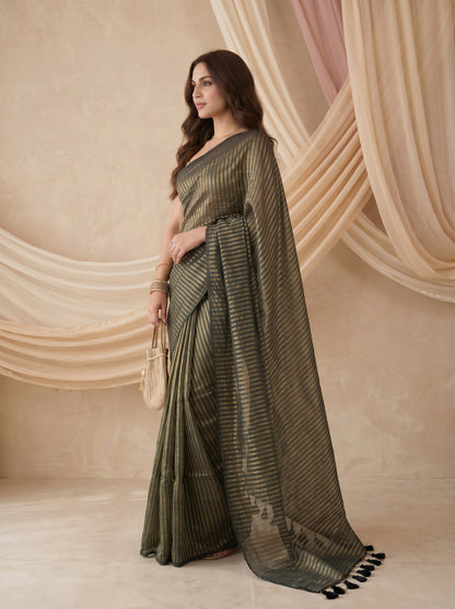 Saaz - Green Striped Mul Cotton Zari Saree