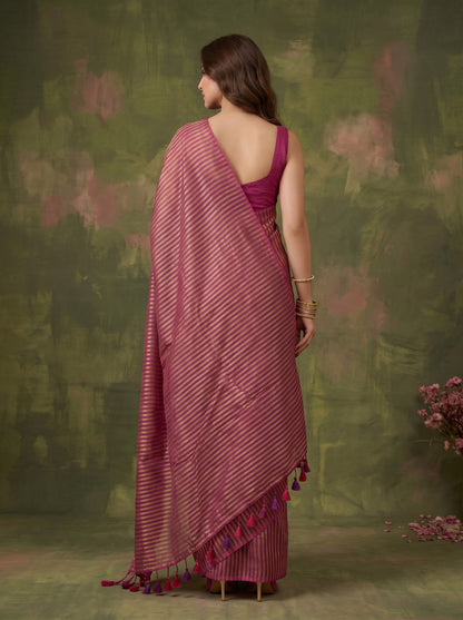 Meera - Magenta Striped Mul Cotton Zari Saree