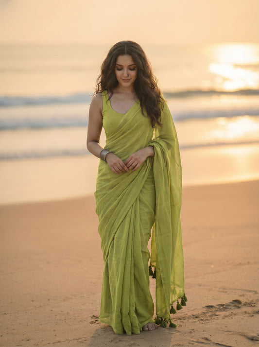 Stone Sage - Plain Green Mul Modal Saree