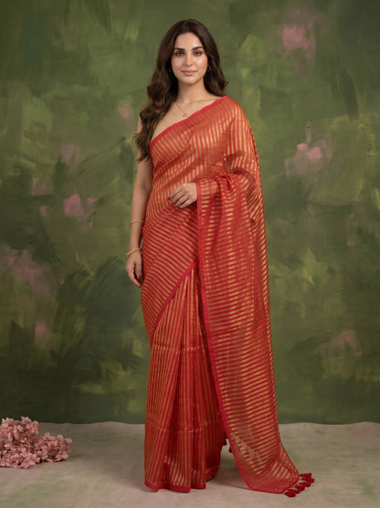 Manjari - Red Striped Mul Cotton Zari Saree