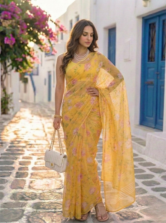 Liora - Yellow Floral Print Pure Chiffon Saree