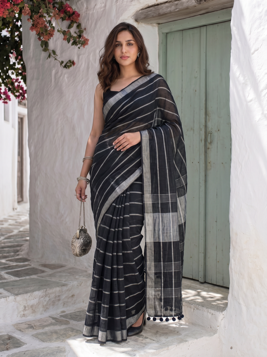 Line Item - Black Striped Pure Handloom Linen Saree with Zari Border