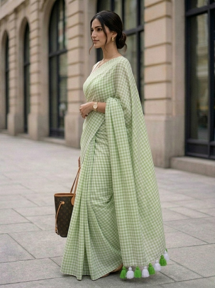 Spring Fern - Pastel Green Gingham Mulmul Cotton Saree
