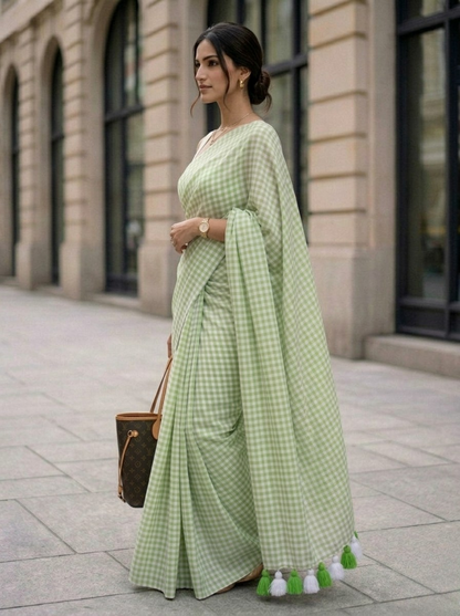 Spring Fern - Pastel Green Gingham Mulmul Cotton Saree