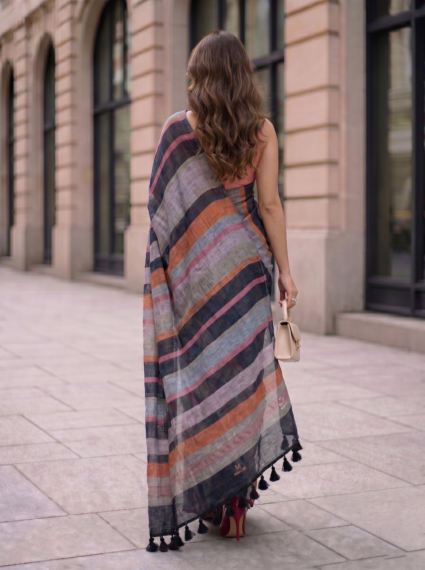 Crosswalk - Multicolour Striped Pure Handloom Linen Saree
