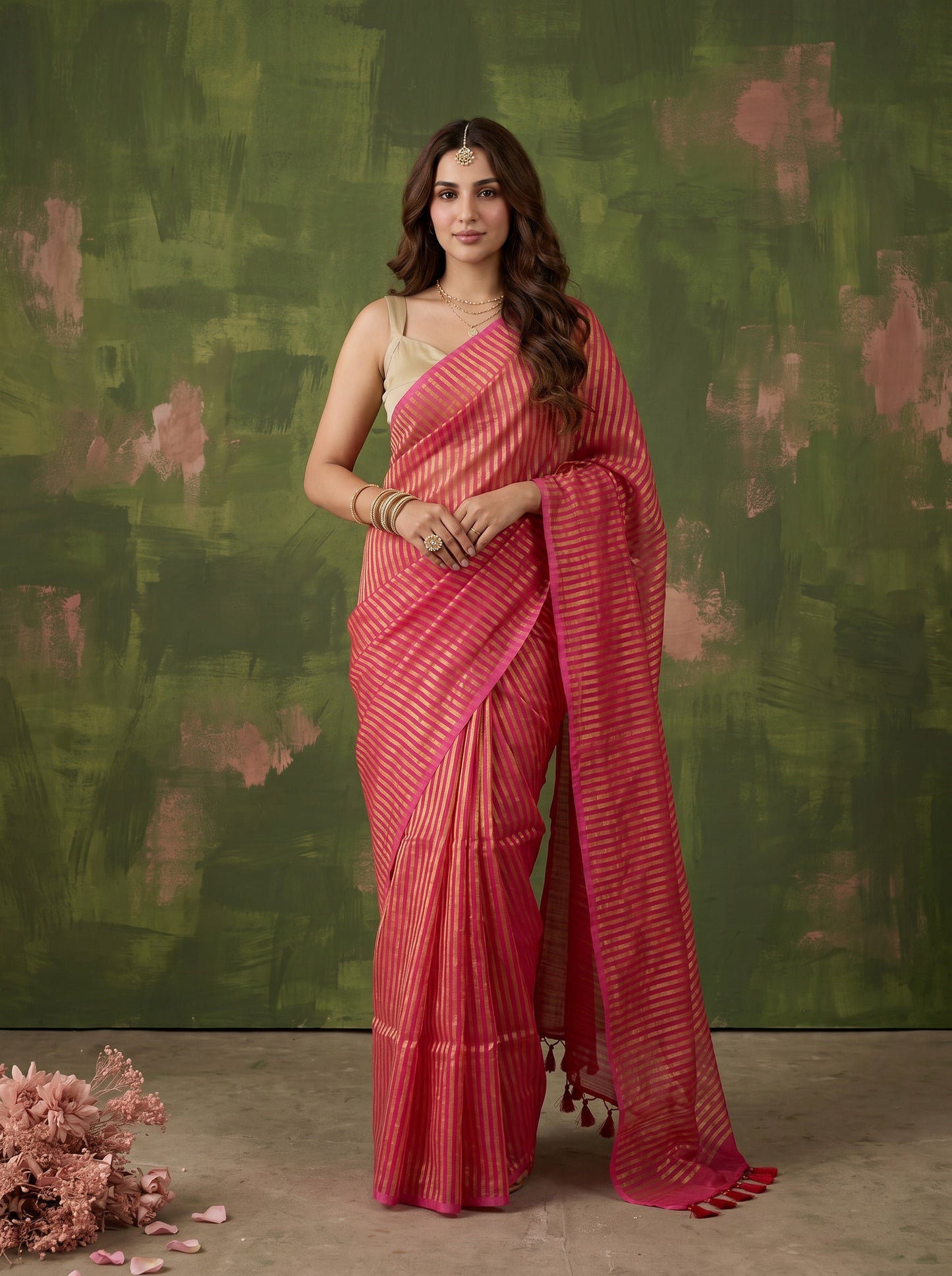 Arohi - Pink Striped Mul Cotton Zari Saree