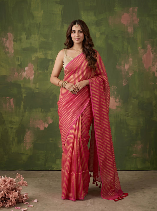 Arohi - Pink Striped Mul Cotton Zari Saree