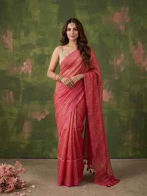 Arohi - Pink Striped Mul Cotton Zari Saree