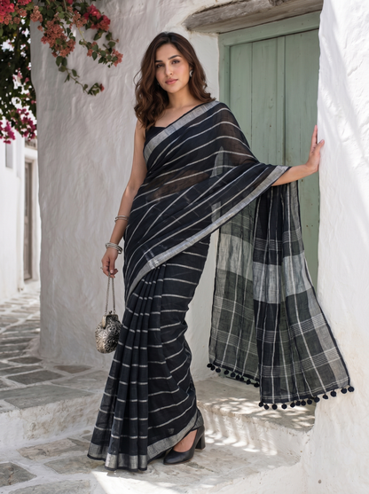 Line Item - Black Striped Pure Handloom Linen Saree with Zari Border