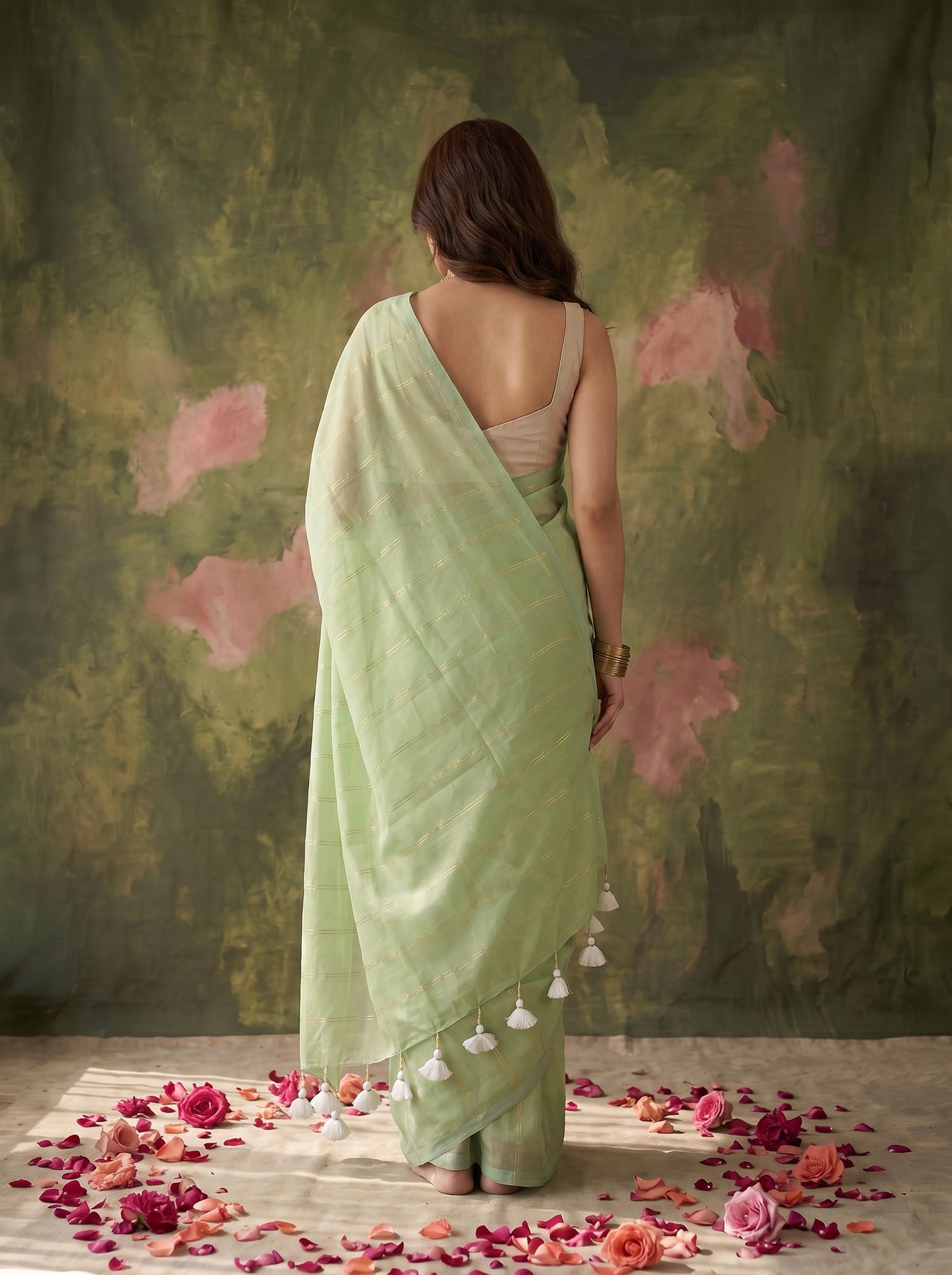Raab - Green Striped Mul Cotton Zari Saree