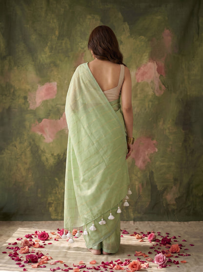 Raab - Green Striped Mul Cotton Zari Saree