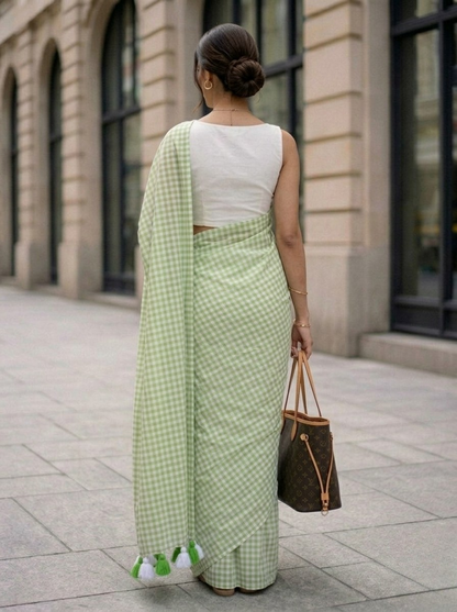 Spring Fern - Pastel Green Gingham Mulmul Cotton Saree