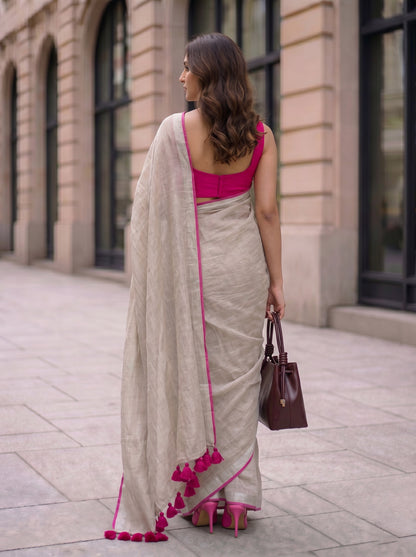 The Go to - Ivory Pure Handloom Linen Saree with Zari Border