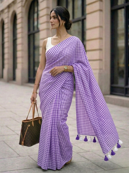 Wisteria Lane - Purple Gingham Mulmul Cotton Saree