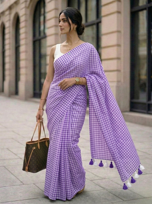 Wisteria Lane - Violet Gingham Mulmul Cotton Saree