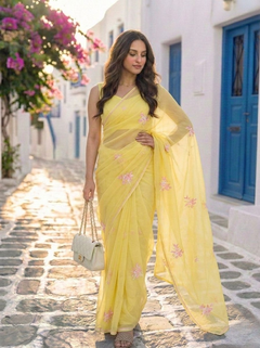 Celina - Yellow Floral Printed & Embroidered Chiffon Partywear Saree