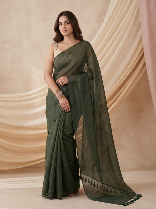 Emerald - Green Striped Mul Cotton Zari Saree
