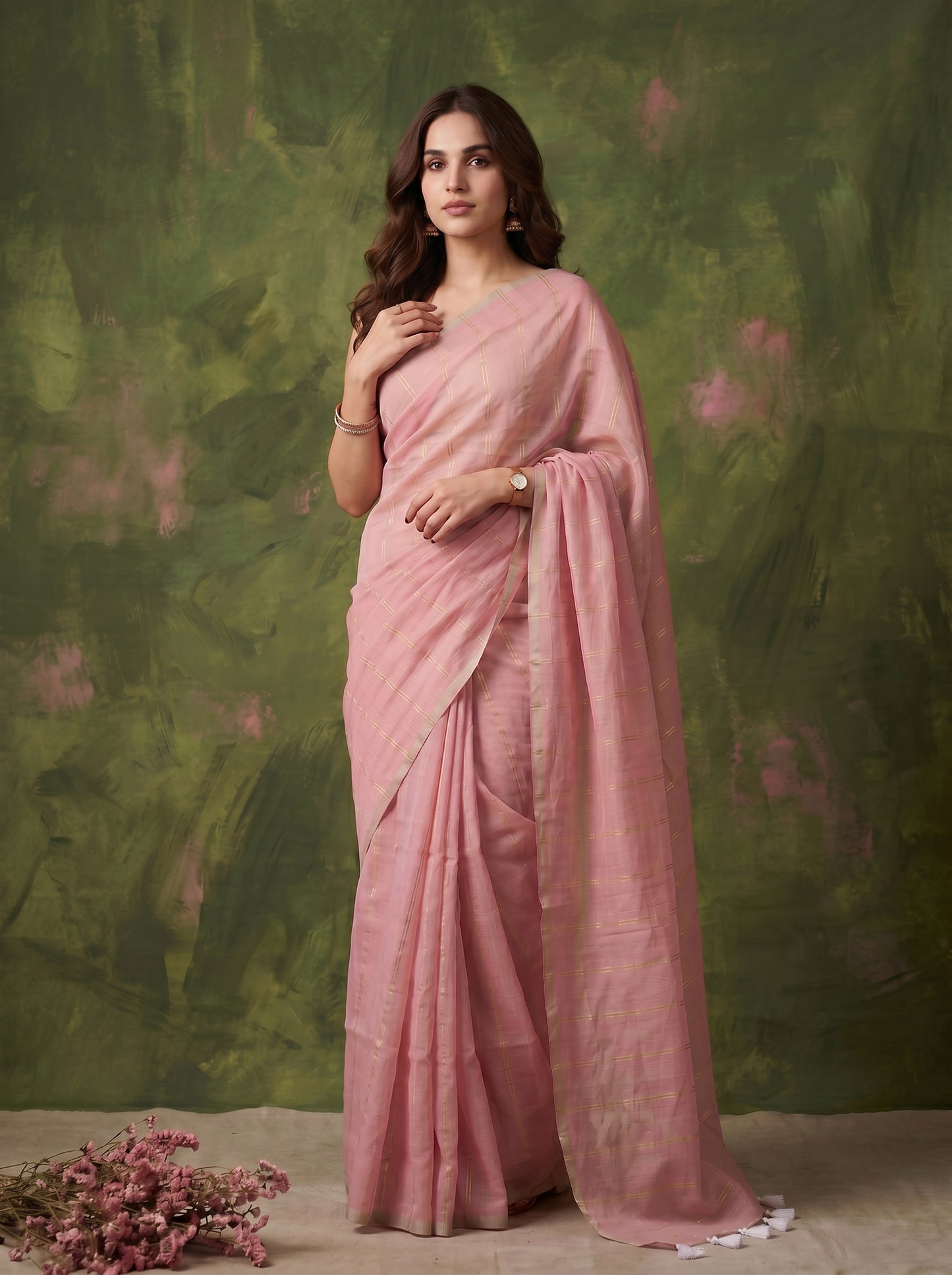 Tara - Pink Striped Mul Cotton Zari Saree