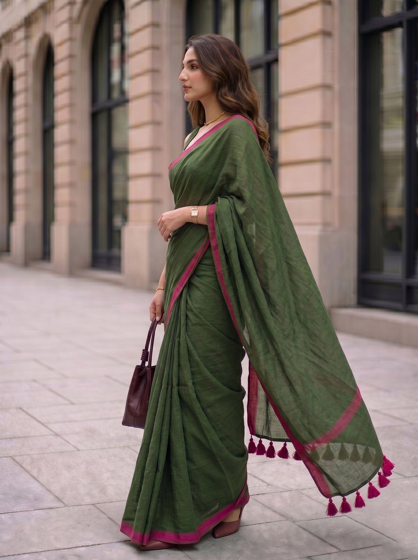 Pink Guava - Green Mulmul Cotton Saree with Pink Border