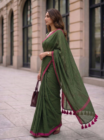 Pink Guava - Green Mulmul Cotton Saree with Pink Border