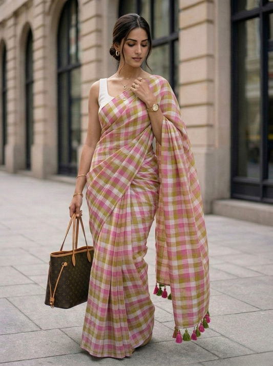 Morning Dew - Pink Lime Gingham Mulmul Cotton Saree