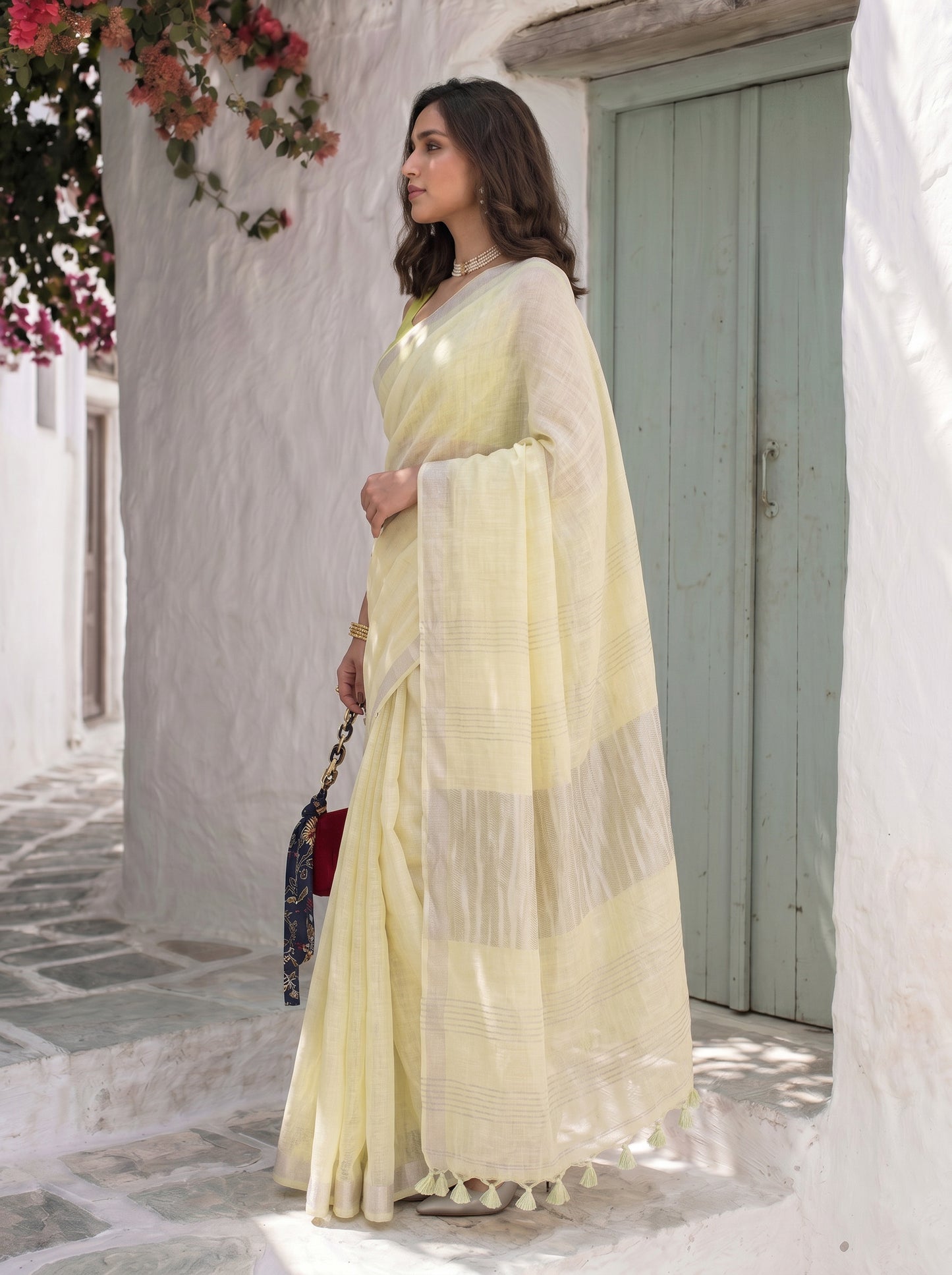 Buttercream - Yellow Pure Handloom Linen Saree with Zari border