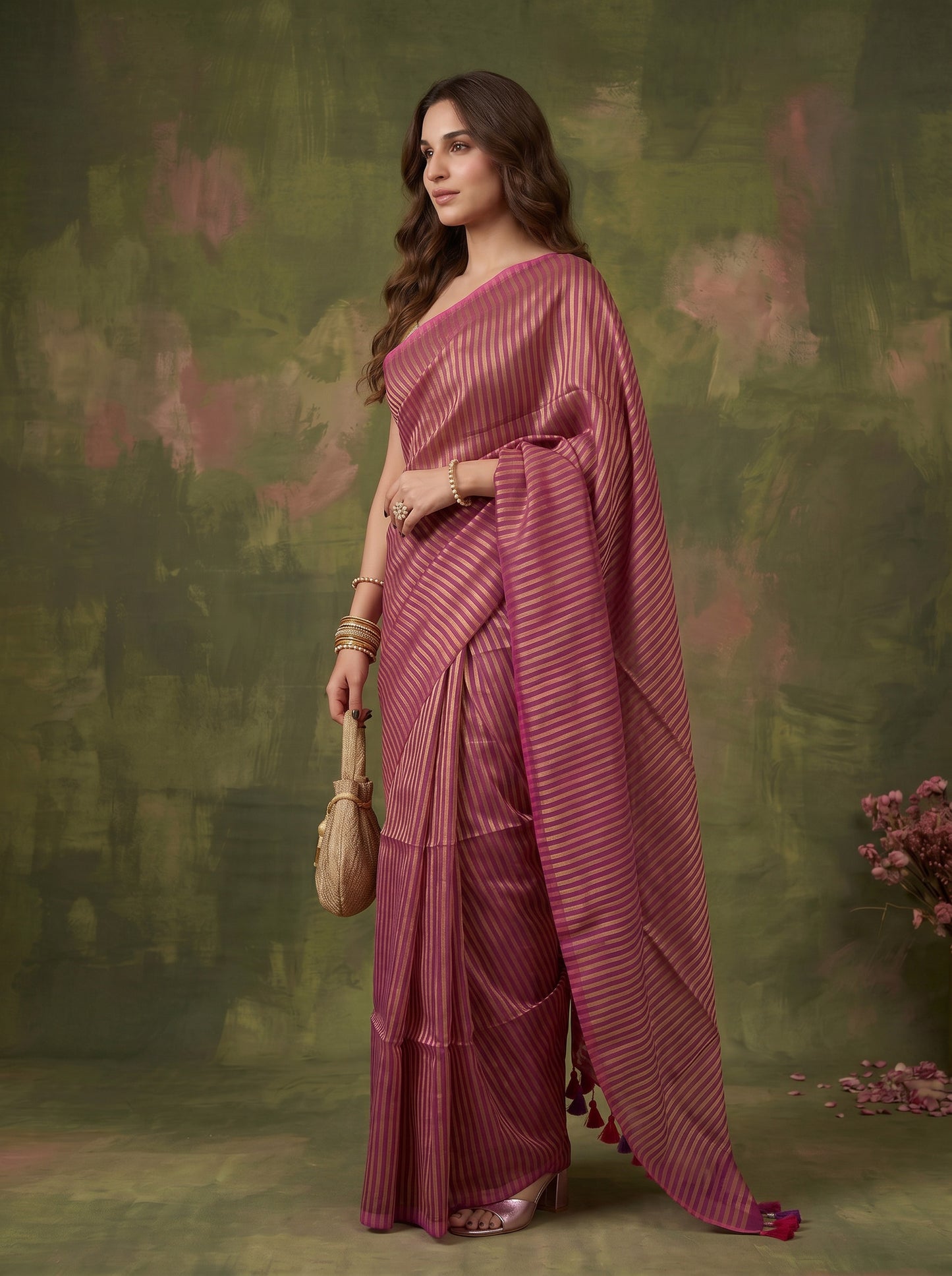 Meera - Magenta Striped Mul Cotton Zari Saree
