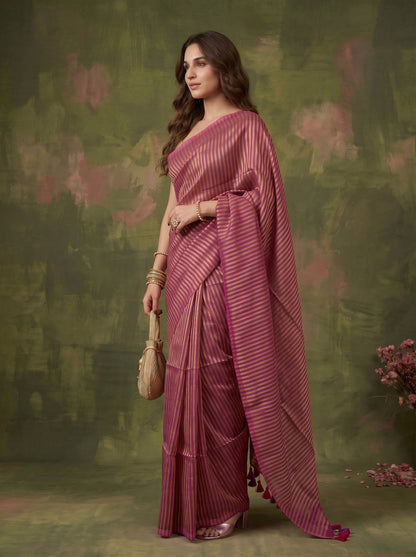 Meera - Magenta Striped Mul Cotton Zari Saree
