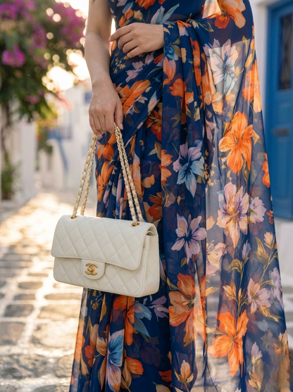 Florina - Navy Blue Floral Print Pure Chiffon Saree