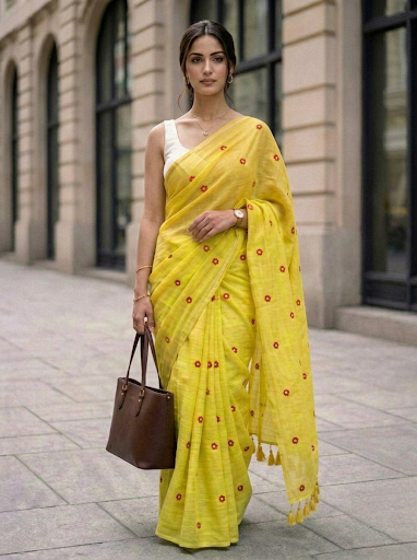 Amber Blossom - Yellow Hand Embroidered Mulmul Cotton Saree