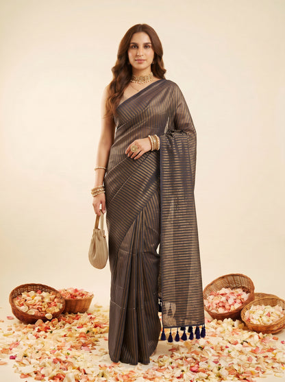Raag - Blue Striped Mul Cotton Zari Saree