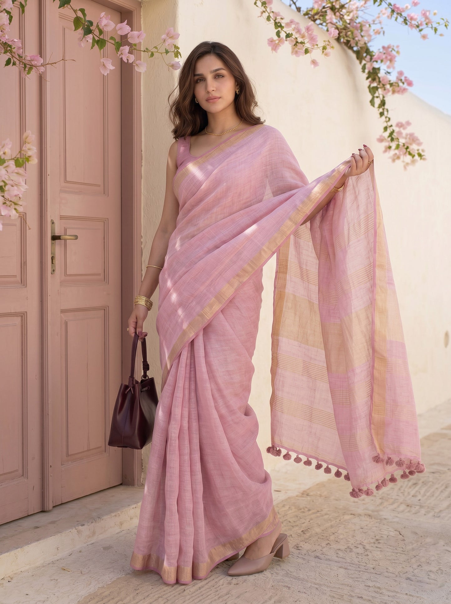 Composure - Pink Pure Handloom Linen Saree with Zari border