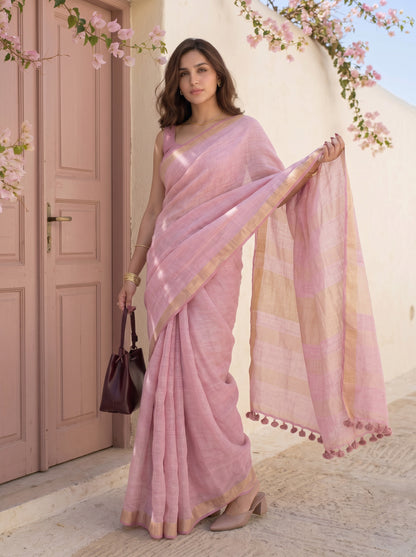 Composure - Pink Pure Handloom Linen Saree with Zari border