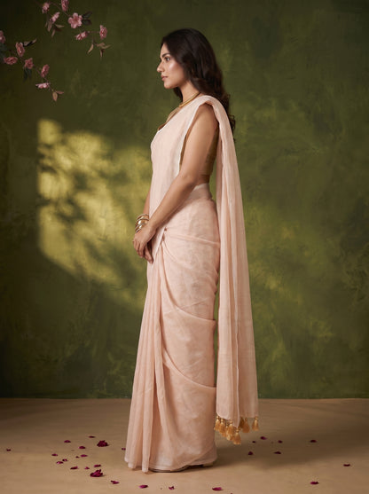 Beige - Striped Mul Cotton Zari Saree