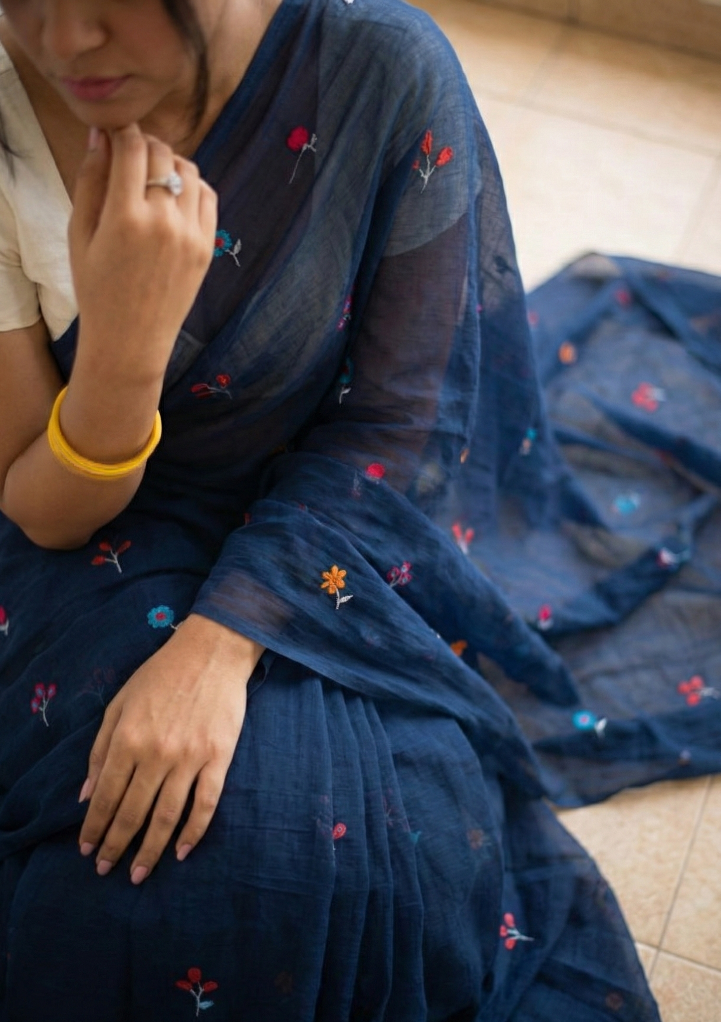Gardenalia Royal Blue - Embroidered Mulmul Cotton Saree