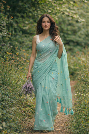 Gardenalia Aqua - Embroidered Mulmul Cotton Saree