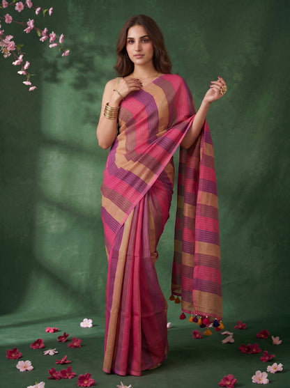 Samaya - Multicolour Striped Mul Cotton Zari Saree